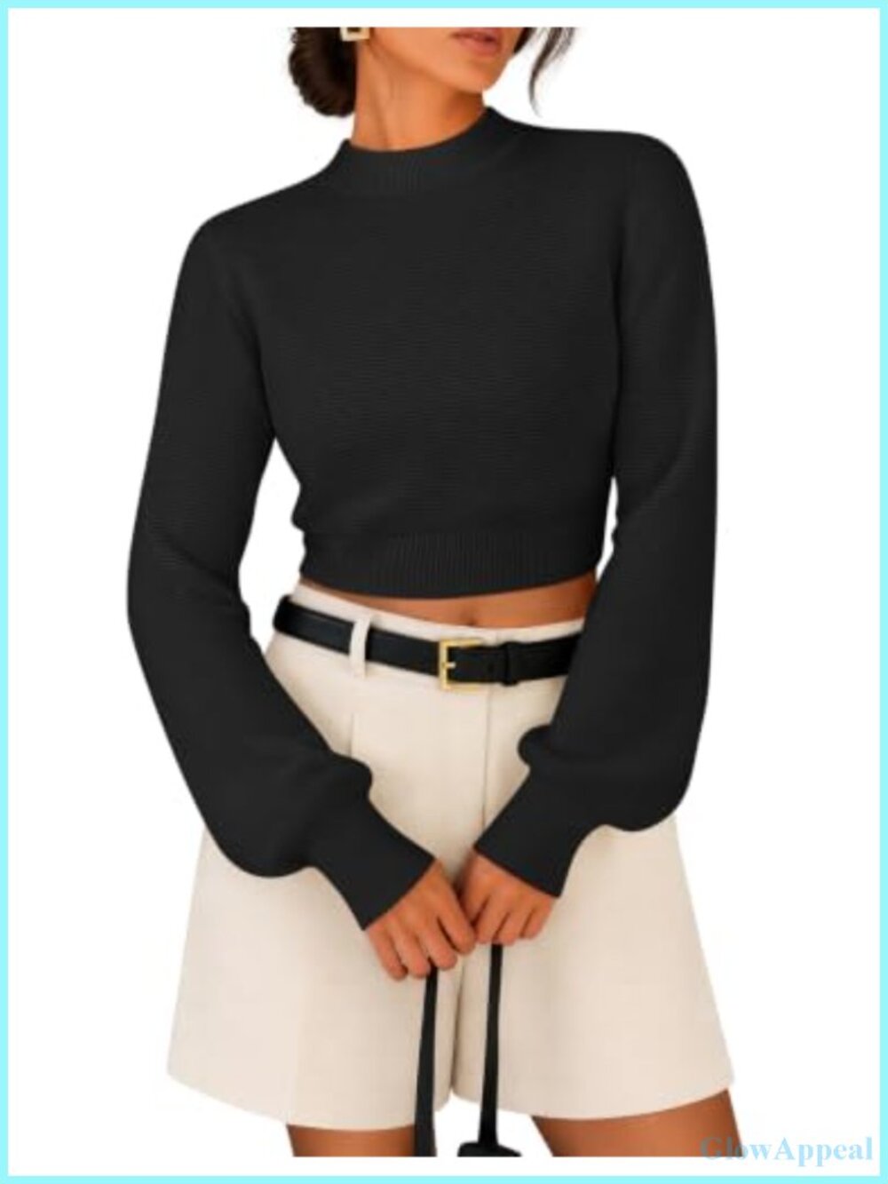 Women's Cropped Mock Neck Ribbed Knit Sweater Long Sleeve Pullover